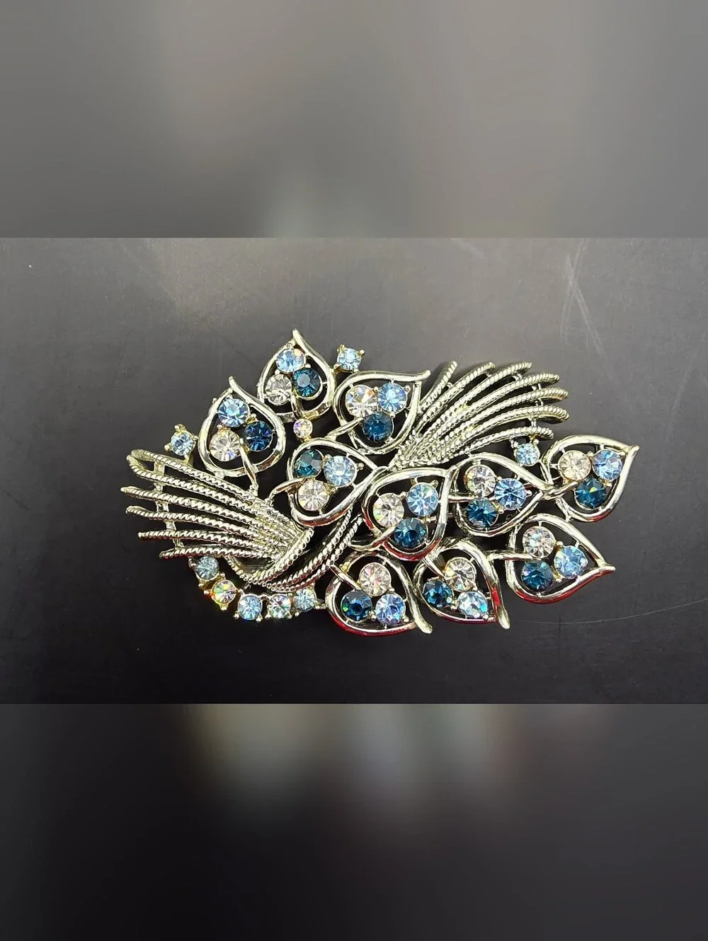Vintage Silver-Tone Blue Hues & Clear Crystal Floral Brooch - Picture 2 of 7